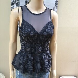 Bebe Charcoal Grey top sheer lace